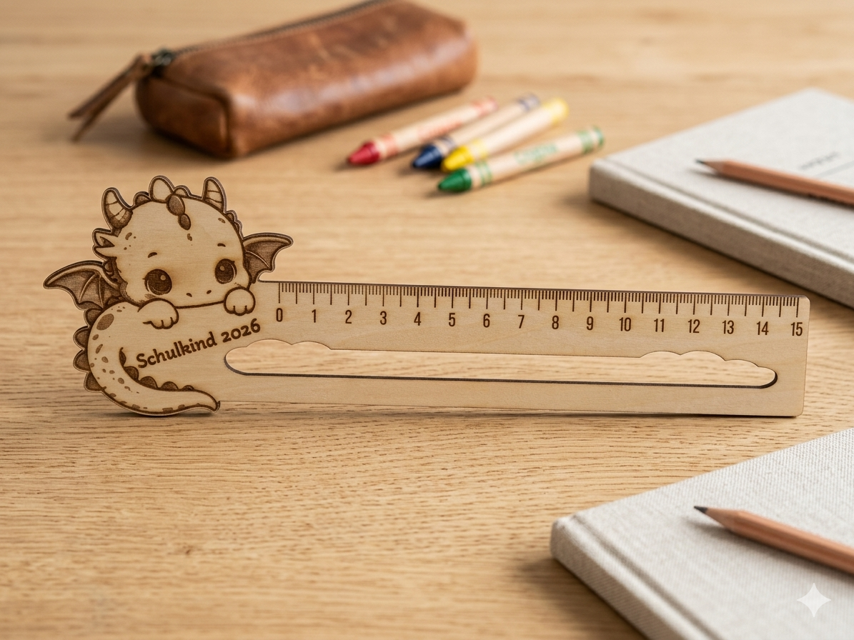 Zauberhaftes Holzlineal mit Wunschname – 15 cm Drachen-Design 📏✨