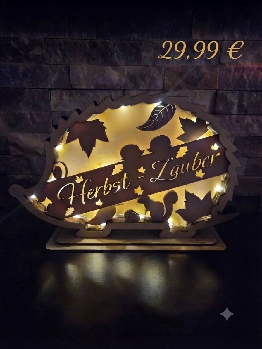 Beleuchtete Holz-Dekoration „Herbstzauber“ mit Igel
