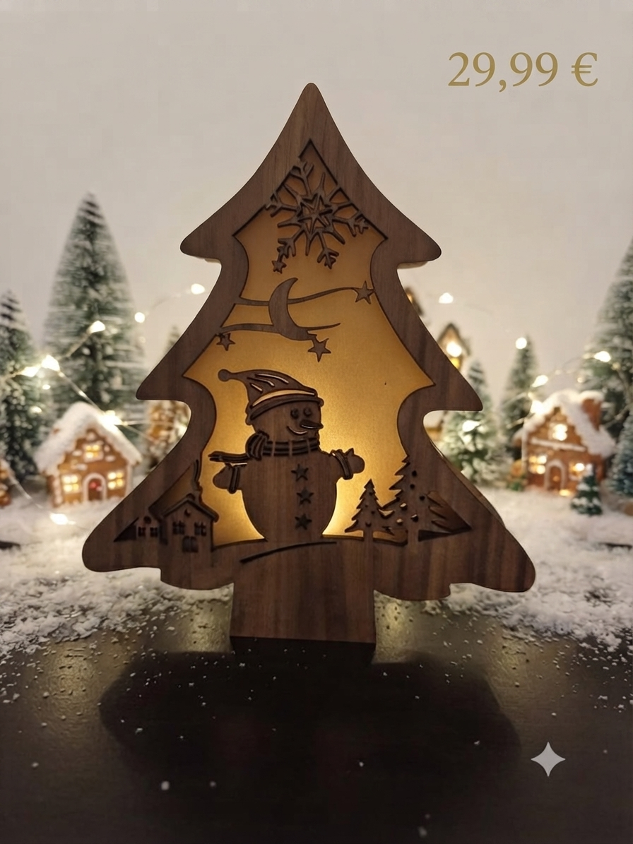Zauberhafter Holz-Tannenbaum „Schneemann“ mit LED-Beleuchtung